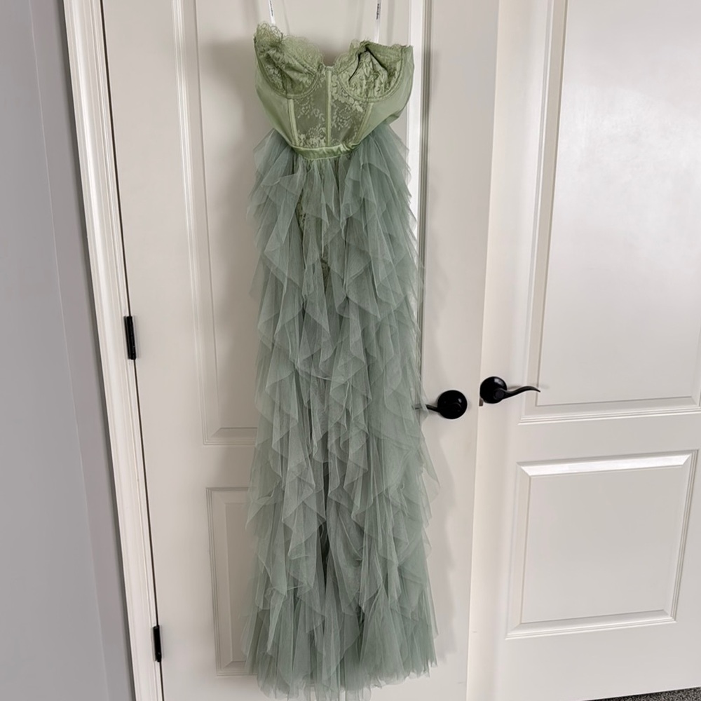 For Love And Lemons Bustier 
Strapless Green Tiered Gown